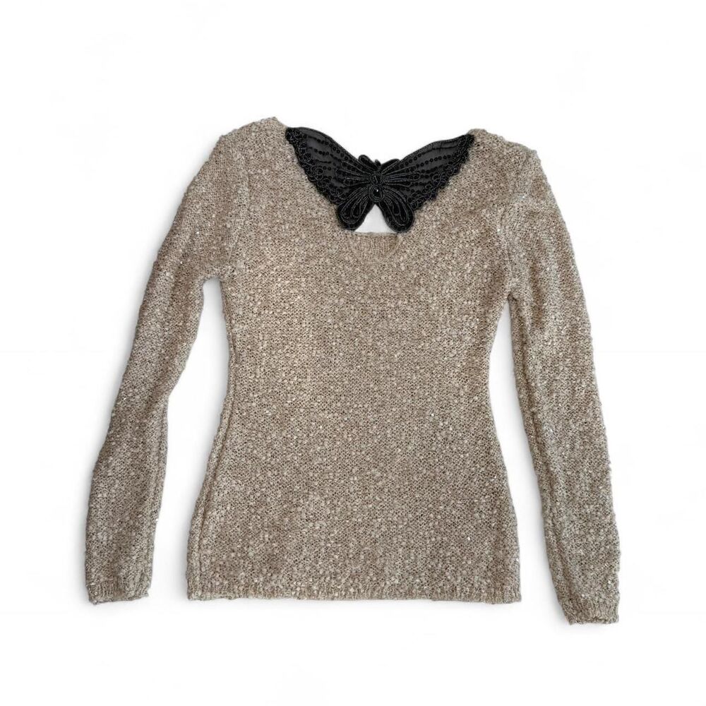 Janet Paris cream sequin top with black butterfly collar on back Size M